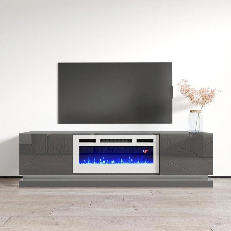 Meuble TV moderne pour cheminée électrique au fini lustré Blanc Noir Gris