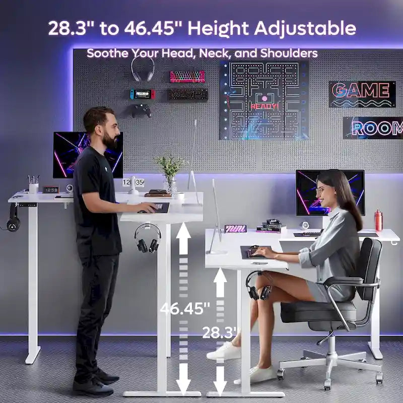 Bureau électrique assis-debout en L avec support d'écran, blanc façon fibre de carbone