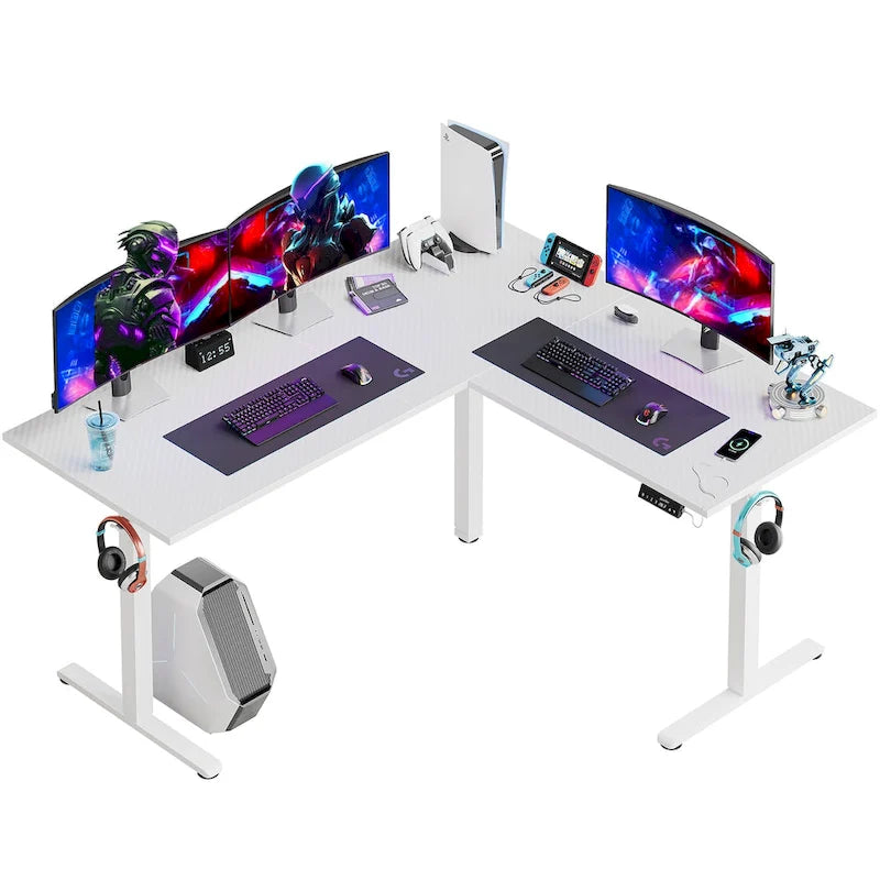 Bureau électrique assis-debout en L avec support d'écran, blanc façon fibre de carbone