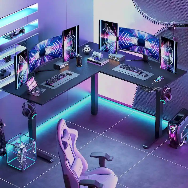 Bureau électrique assis-debout en L avec support d'écran, blanc façon fibre de carbone