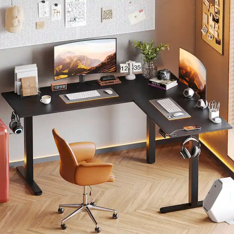 Bureau électrique assis-debout en L avec support d'écran, blanc façon fibre de carbone