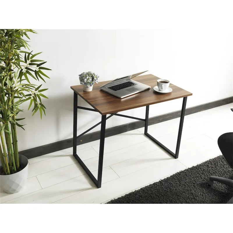 Bureau d'ordinateur rectangulaire avec cadre en métal noir, coloris Noyer et Blanc