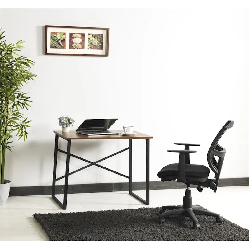 Bureau d'ordinateur rectangulaire avec cadre en métal noir, coloris Noyer et Blanc