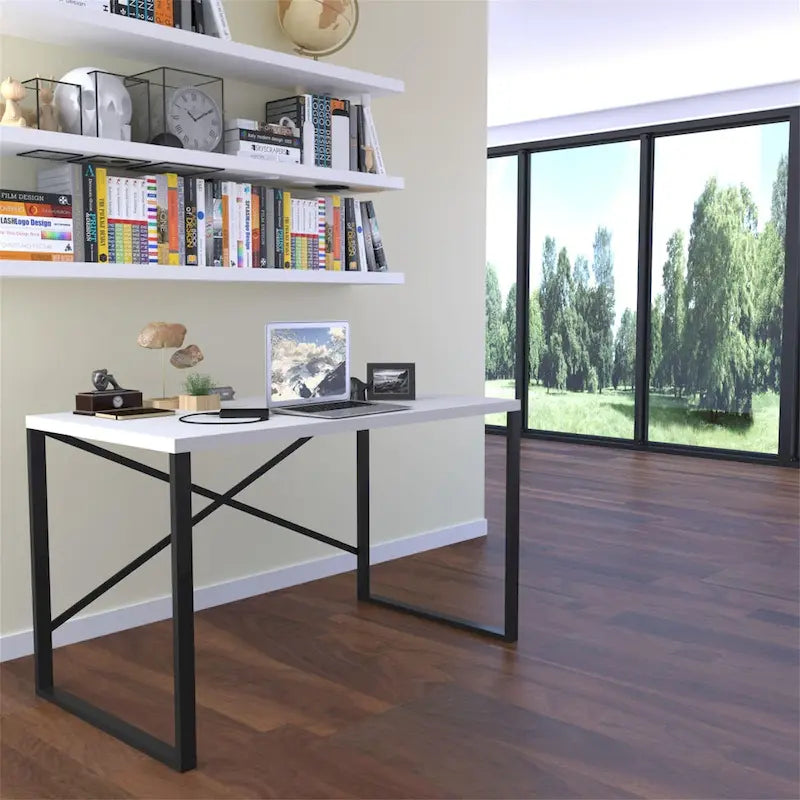 Bureau d'ordinateur rectangulaire avec cadre en métal noir, coloris Noyer et Blanc