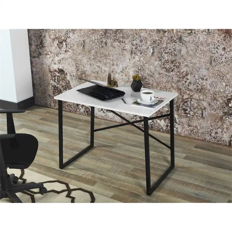 Bureau d'ordinateur rectangulaire avec cadre en métal noir, coloris Noyer et Blanc