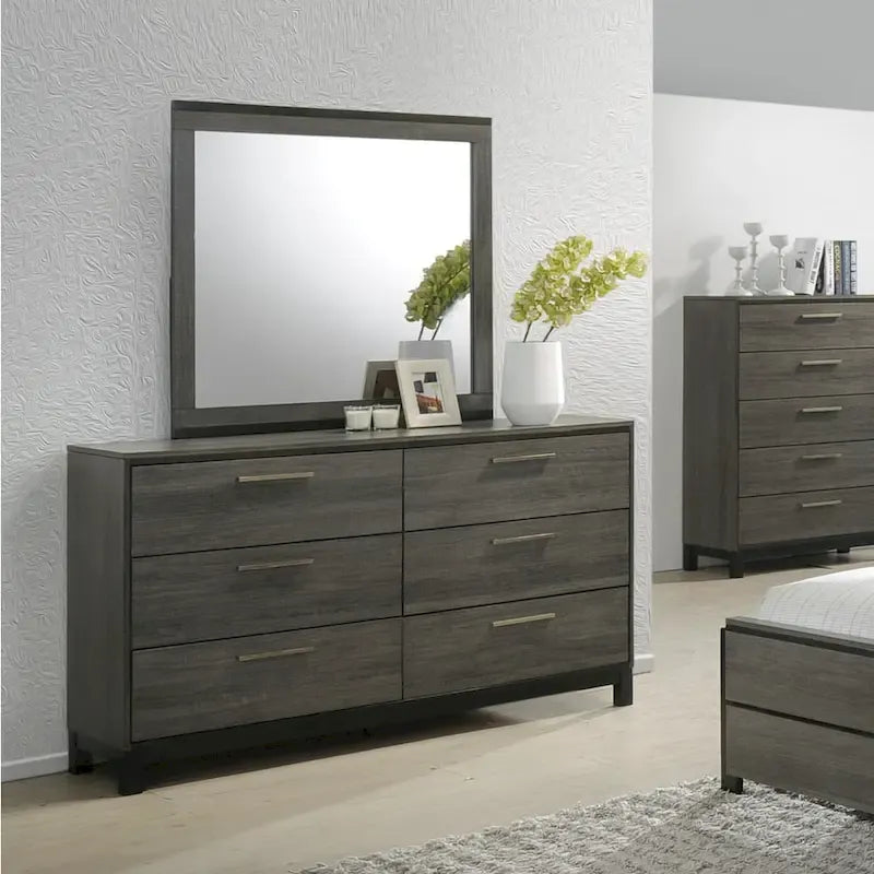 Lit double King en bois finition grise avec tête de lit à panneaux horizontaux et design moderne
