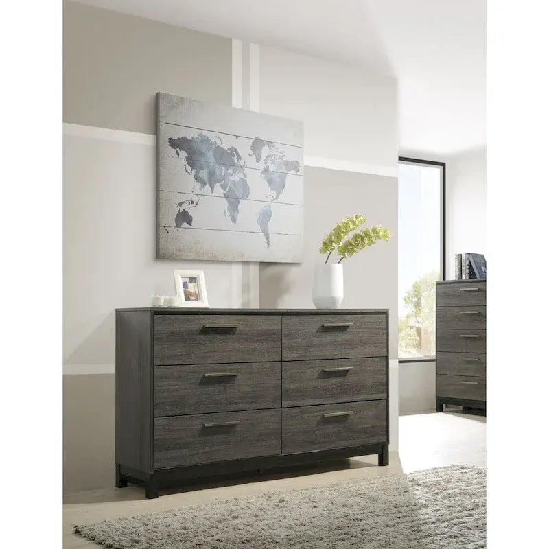 Lit double King en bois finition grise avec tête de lit à panneaux horizontaux et design moderne