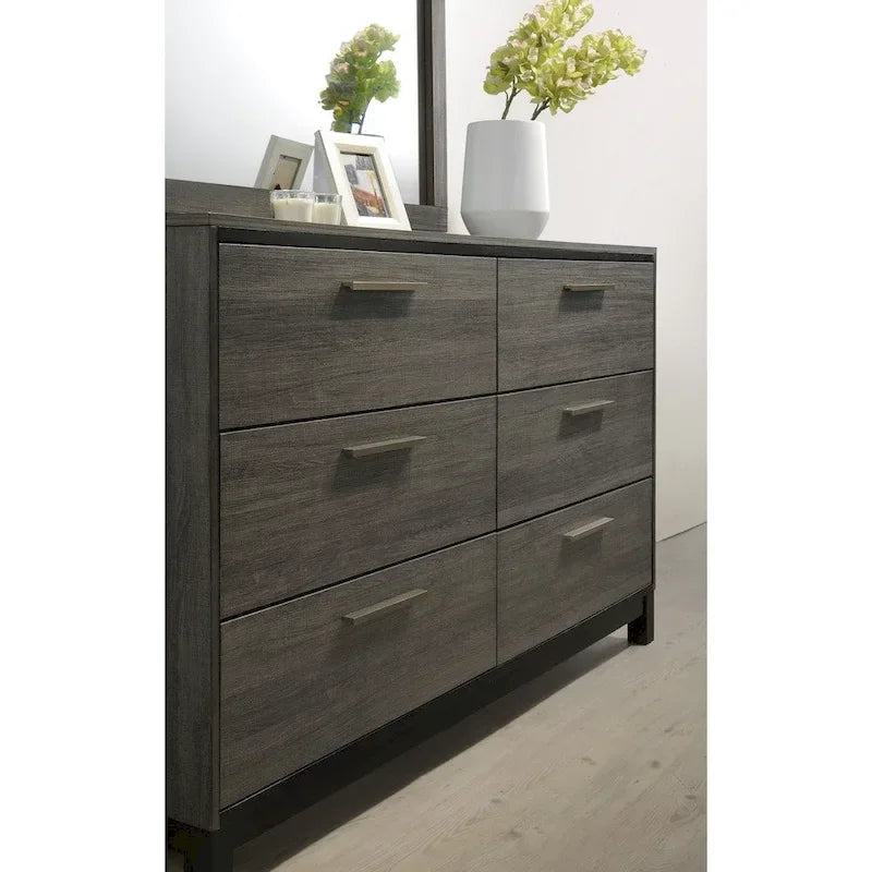 Lit double King en bois finition grise avec tête de lit à panneaux horizontaux et design moderne