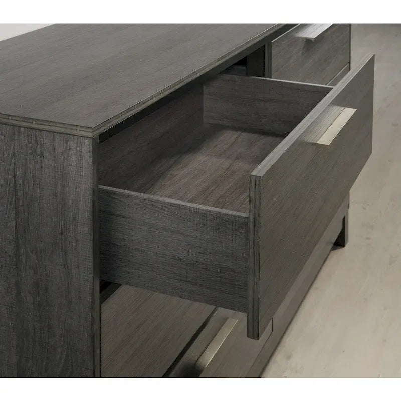 Lit double King en bois finition grise avec tête de lit à panneaux horizontaux et design moderne