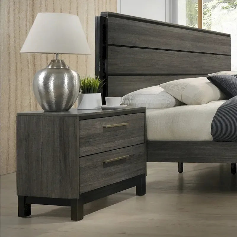 Lit double King en bois finition grise avec tête de lit à panneaux horizontaux et design moderne