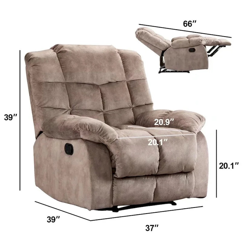 Fauteuil inclinable manuel en microfibre rembourré, avec dossier haut et accoudoirs rembourrés