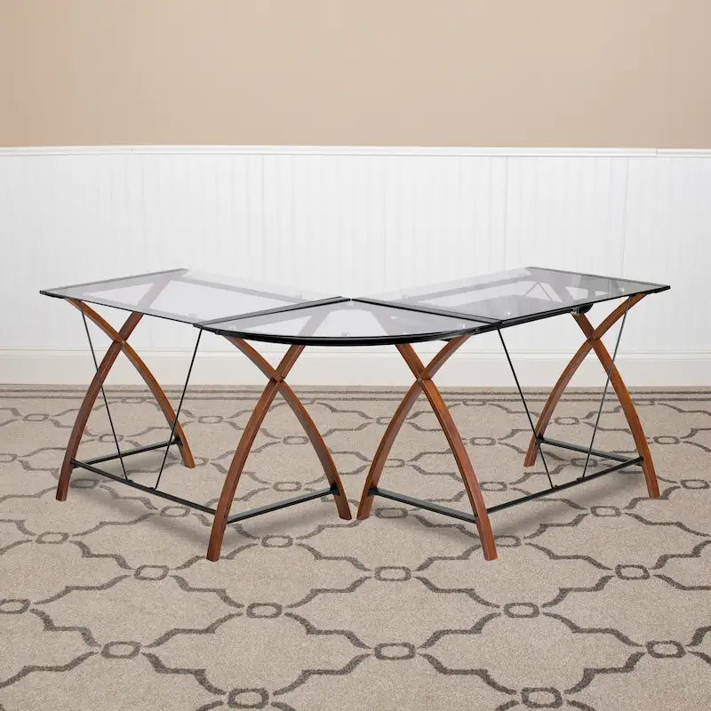 Bureau d'ordinateur d'angle en forme de L en verre trempé avec plateau coulissant pour clavier