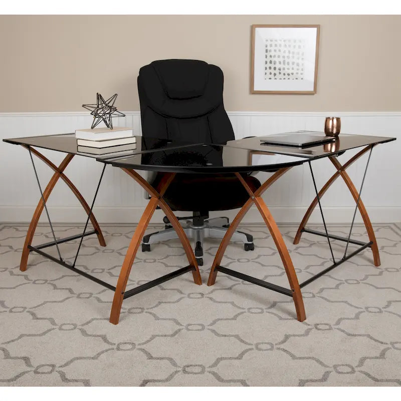 Bureau d'ordinateur d'angle en forme de L en verre trempé avec plateau coulissant pour clavier