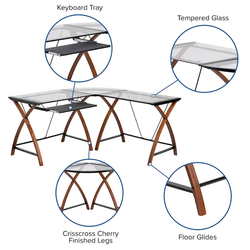 Bureau d'ordinateur d'angle en forme de L en verre trempé avec plateau coulissant pour clavier