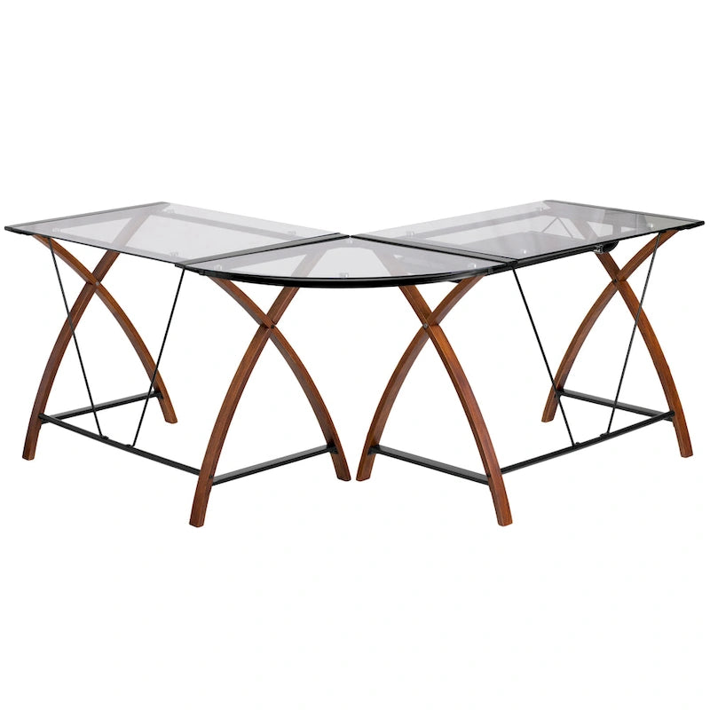 Bureau d'ordinateur d'angle en forme de L en verre trempé avec plateau coulissant pour clavier