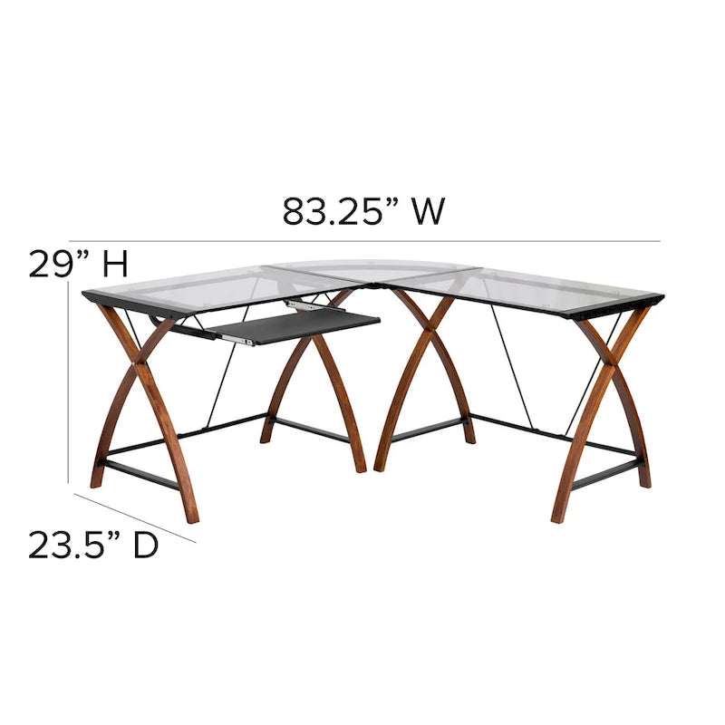 Bureau d'ordinateur d'angle en forme de L en verre trempé avec plateau coulissant pour clavier