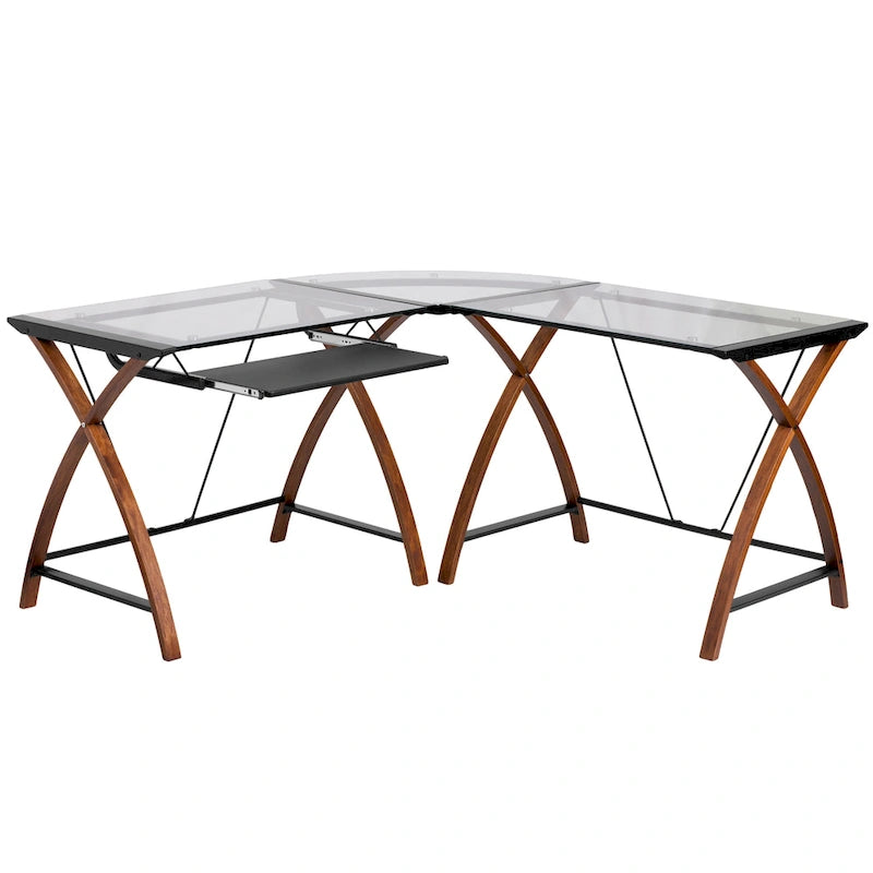 Bureau d'ordinateur d'angle en forme de L en verre trempé avec plateau coulissant pour clavier