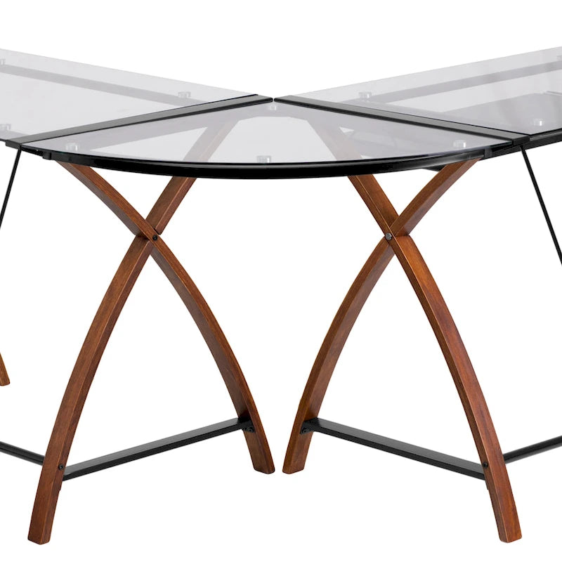 Bureau d'ordinateur d'angle en forme de L en verre trempé avec plateau coulissant pour clavier