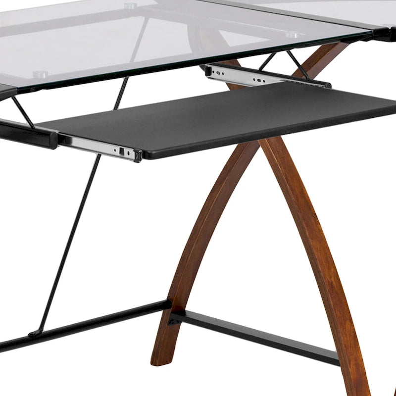 Bureau d'ordinateur d'angle en forme de L en verre trempé avec plateau coulissant pour clavier