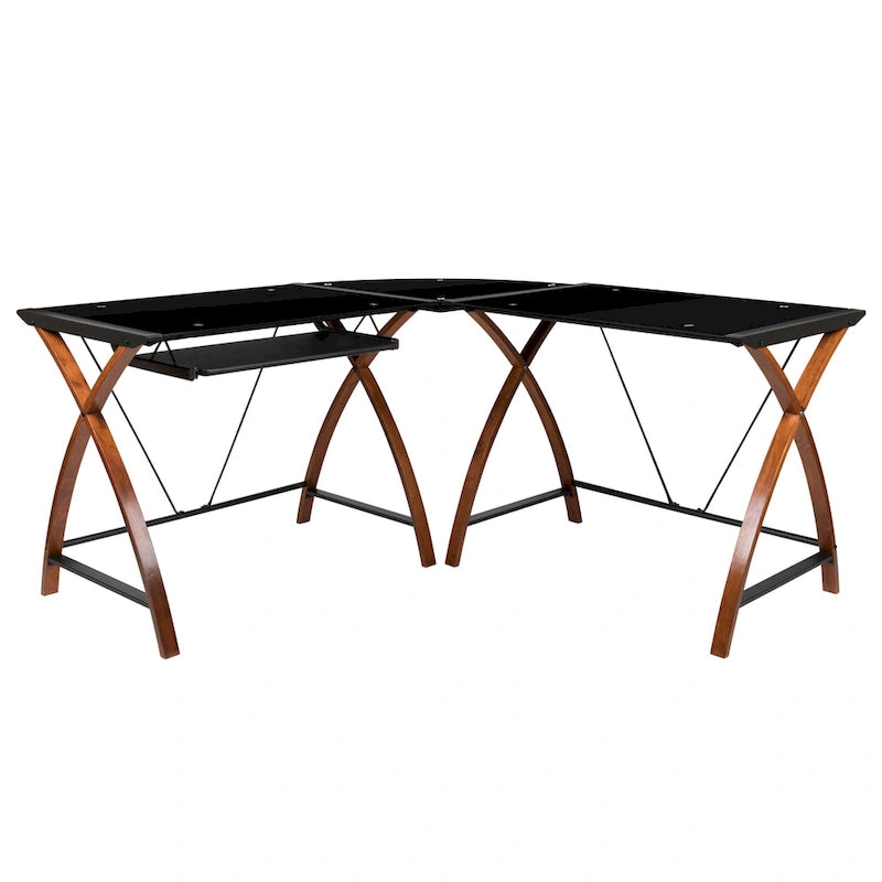 Bureau d'ordinateur d'angle en forme de L en verre trempé avec plateau coulissant pour clavier