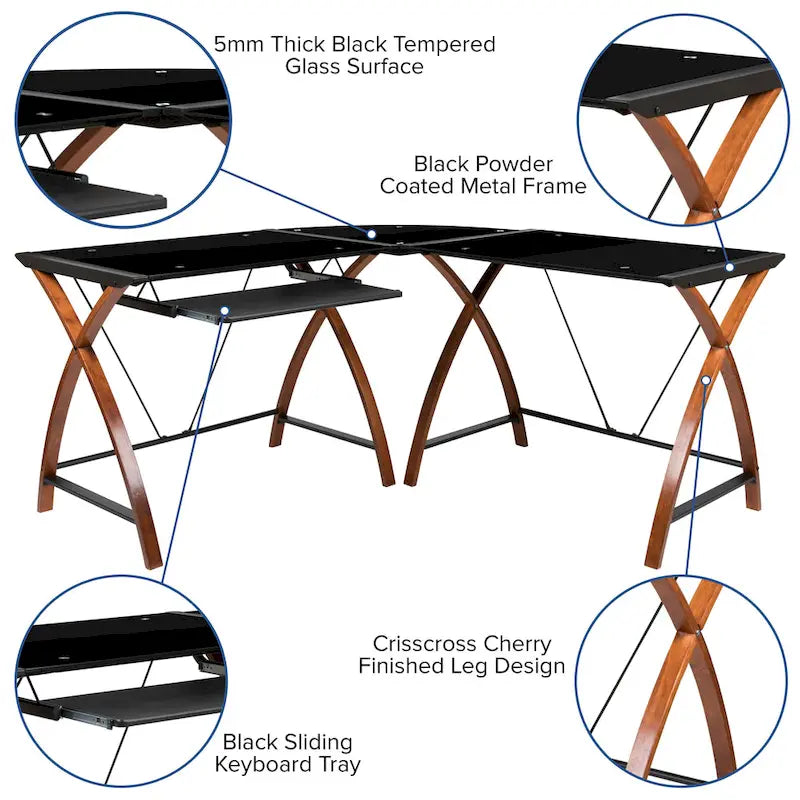 Bureau d'ordinateur d'angle en forme de L en verre trempé avec plateau coulissant pour clavier