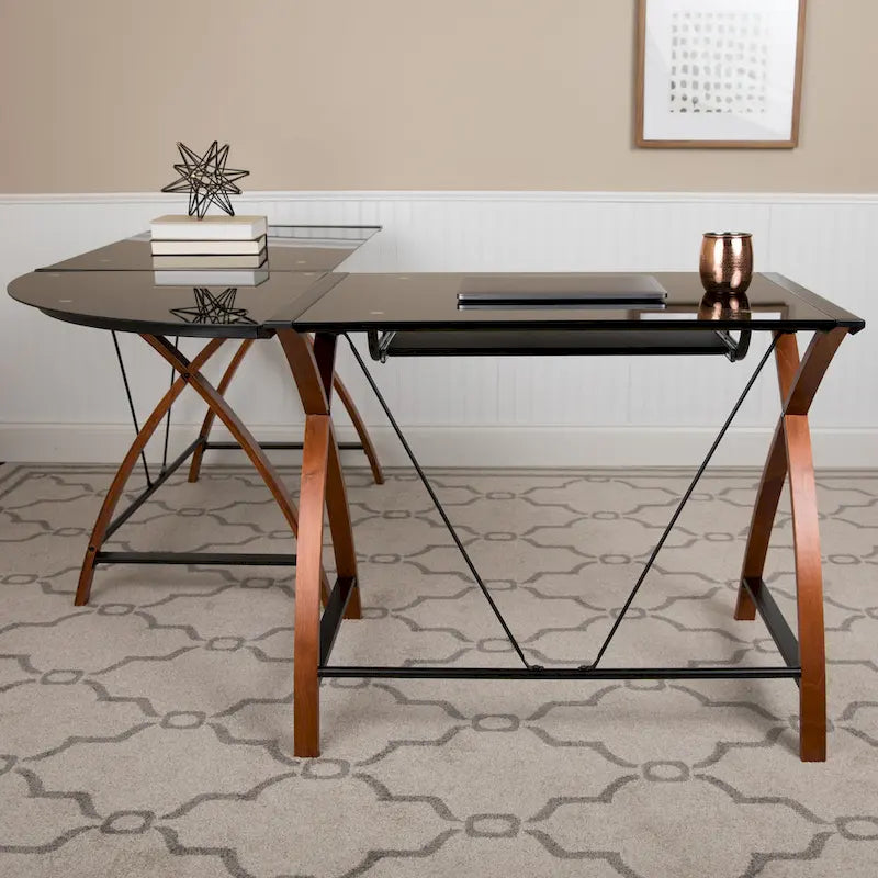 Bureau d'ordinateur d'angle en forme de L en verre trempé avec plateau coulissant pour clavier