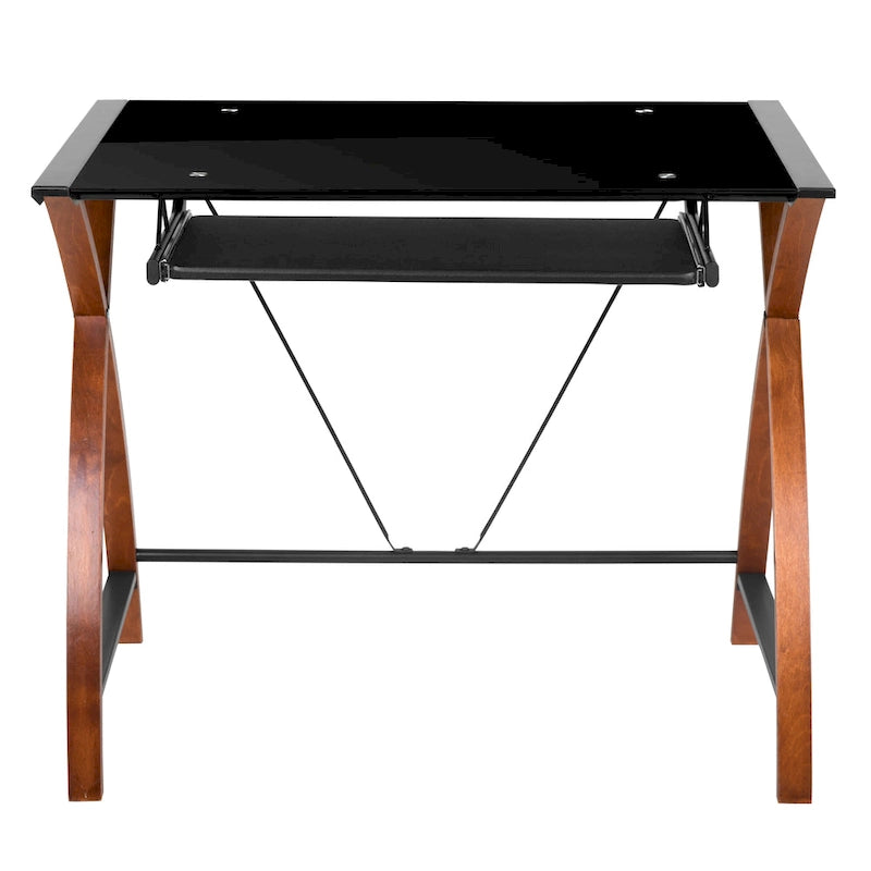 Bureau d'ordinateur d'angle en forme de L en verre trempé avec plateau coulissant pour clavier