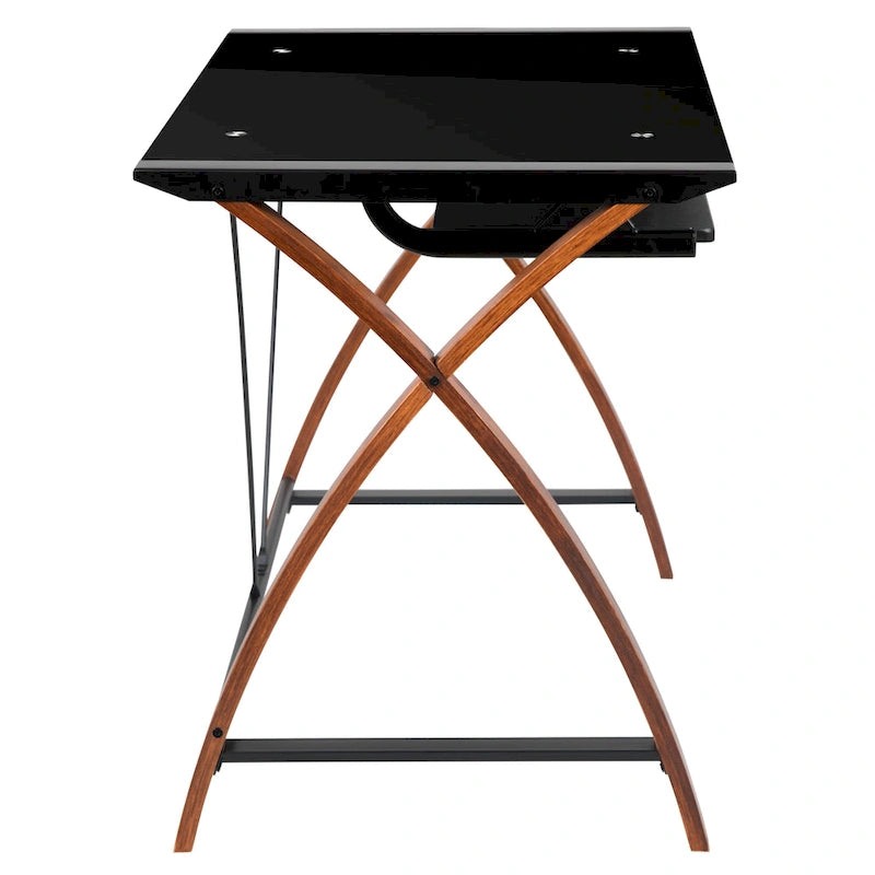 Bureau d'ordinateur d'angle en forme de L en verre trempé avec plateau coulissant pour clavier
