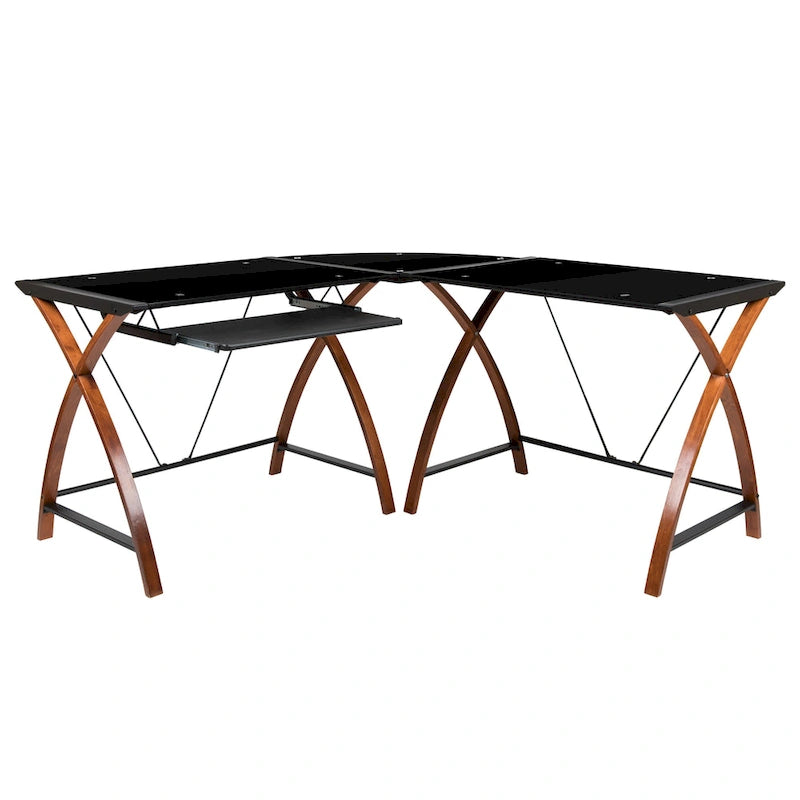 Bureau d'ordinateur d'angle en forme de L en verre trempé avec plateau coulissant pour clavier