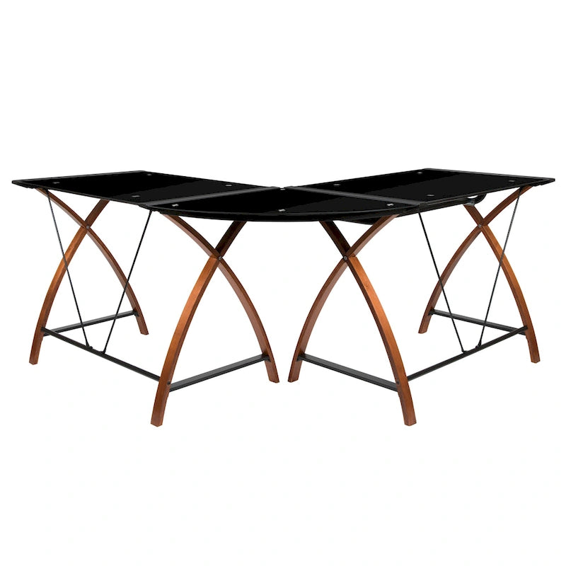 Bureau d'ordinateur d'angle en forme de L en verre trempé avec plateau coulissant pour clavier