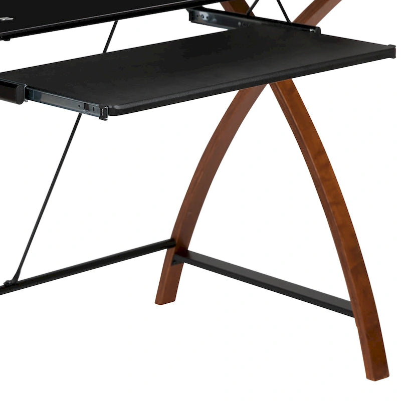 Bureau d'ordinateur d'angle en forme de L en verre trempé avec plateau coulissant pour clavier