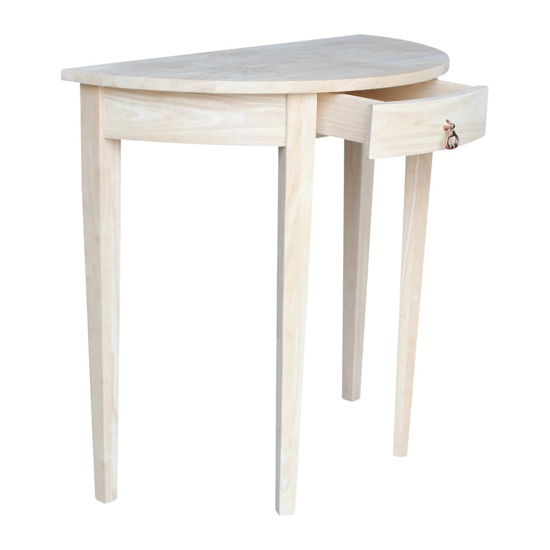 Console en bois massif brut demi-lune avec tiroir, naturel