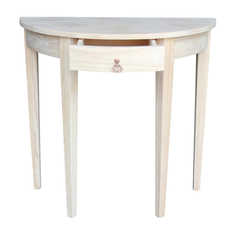 Console en bois massif brut demi-lune avec tiroir, naturel