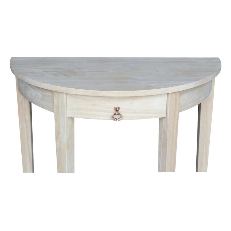 Console en bois massif brut demi-lune avec tiroir, naturel