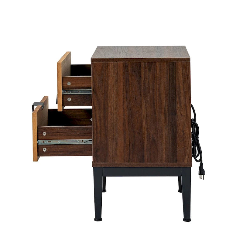 Table de chevet moderne à 2 tiroirs avec station de recharge et pieds réglables, Noyer