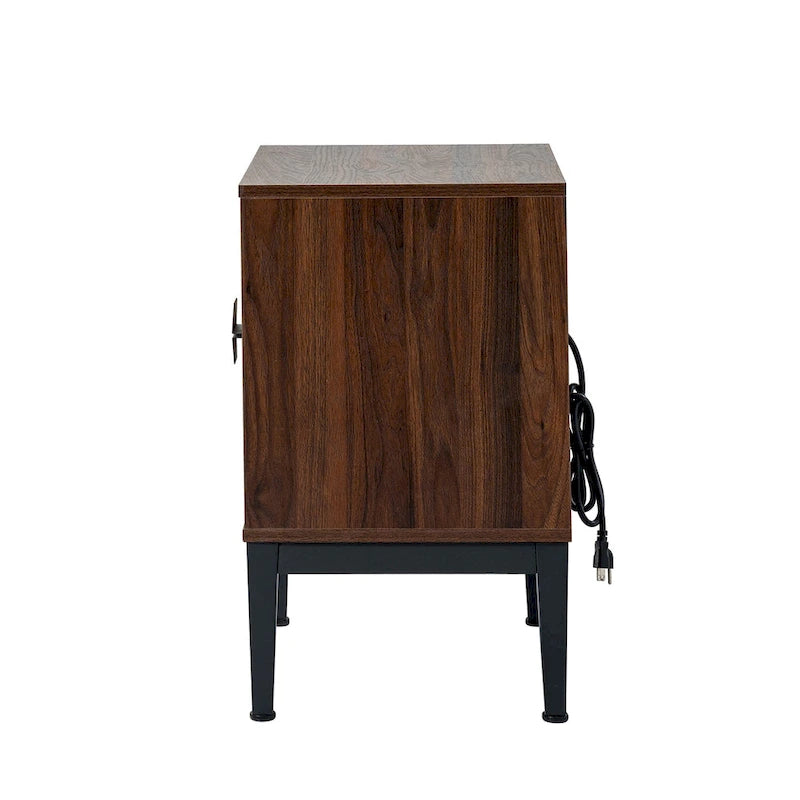 Table de chevet moderne à 2 tiroirs avec station de recharge et pieds réglables, Noyer