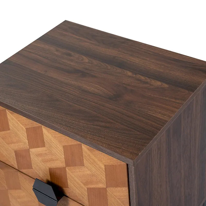 Table de chevet moderne à 2 tiroirs avec station de recharge et pieds réglables, Noyer