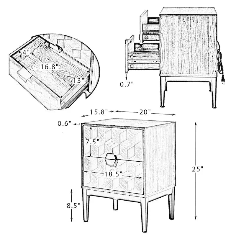 Table de chevet moderne à 2 tiroirs avec station de recharge et pieds réglables, Noyer