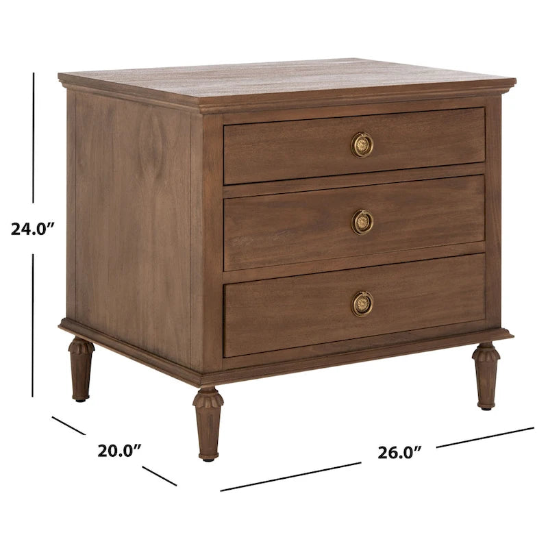 Table de chevet en bois à 3 tiroirs avec pieds tournés cannelés et poignées à anneaux en laiton vieilli, marron clair