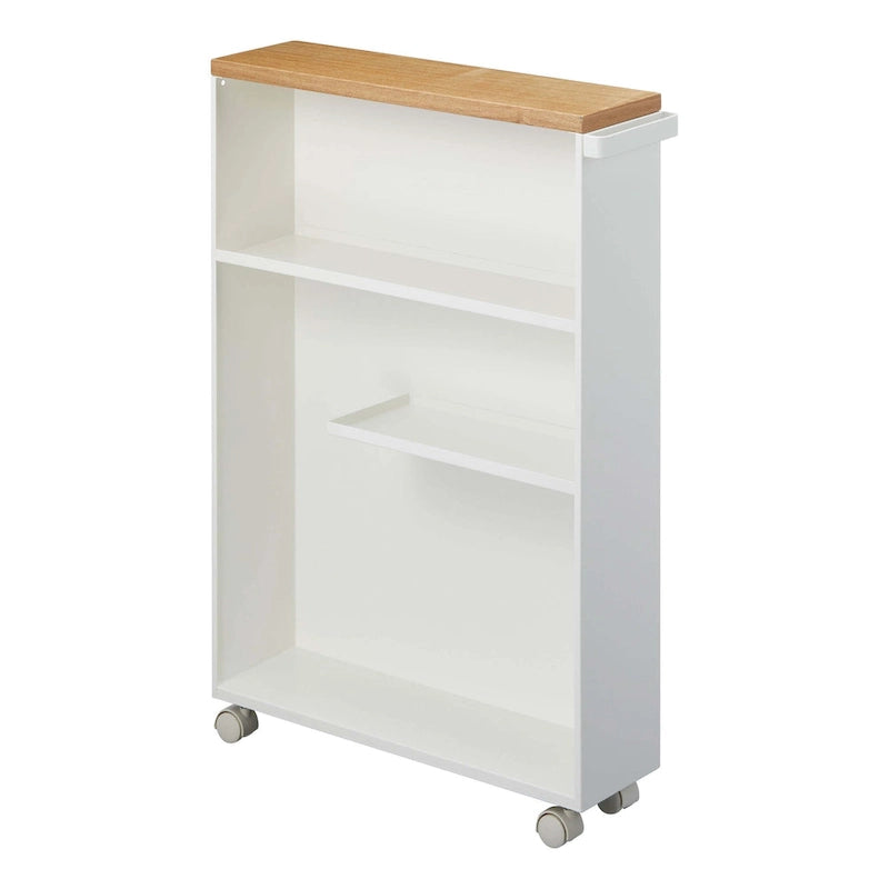 Chariot de rangement fin à roulettes, cadre en acier, plateau en bois avec roulettes