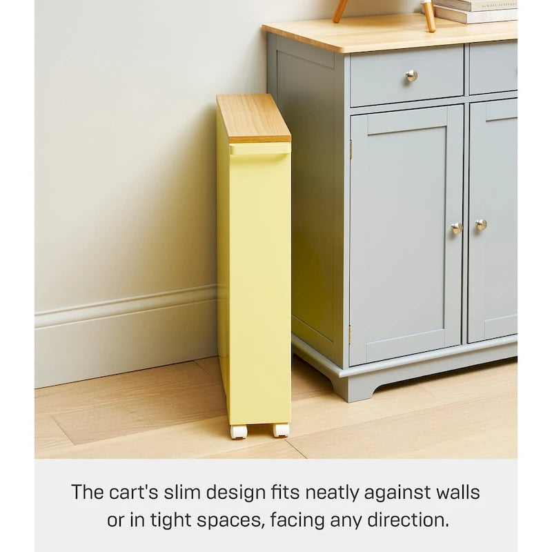 Chariot de rangement fin à roulettes, cadre en acier, plateau en bois avec roulettes