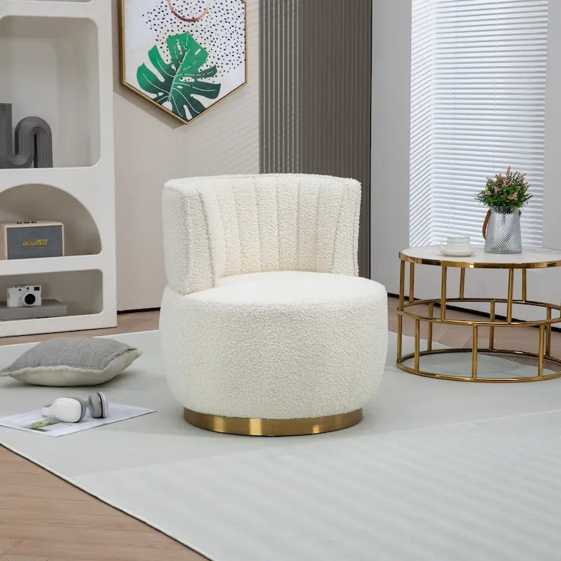 Fauteuil pivotant rond rembourré avec base dorée à rotation à 360 degrés