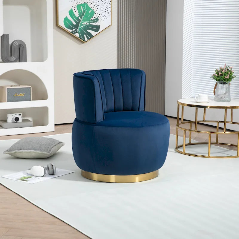 Fauteuil pivotant rond rembourré avec base dorée à rotation à 360 degrés
