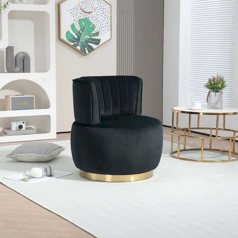 Fauteuil pivotant rond rembourré avec base dorée à rotation à 360 degrés