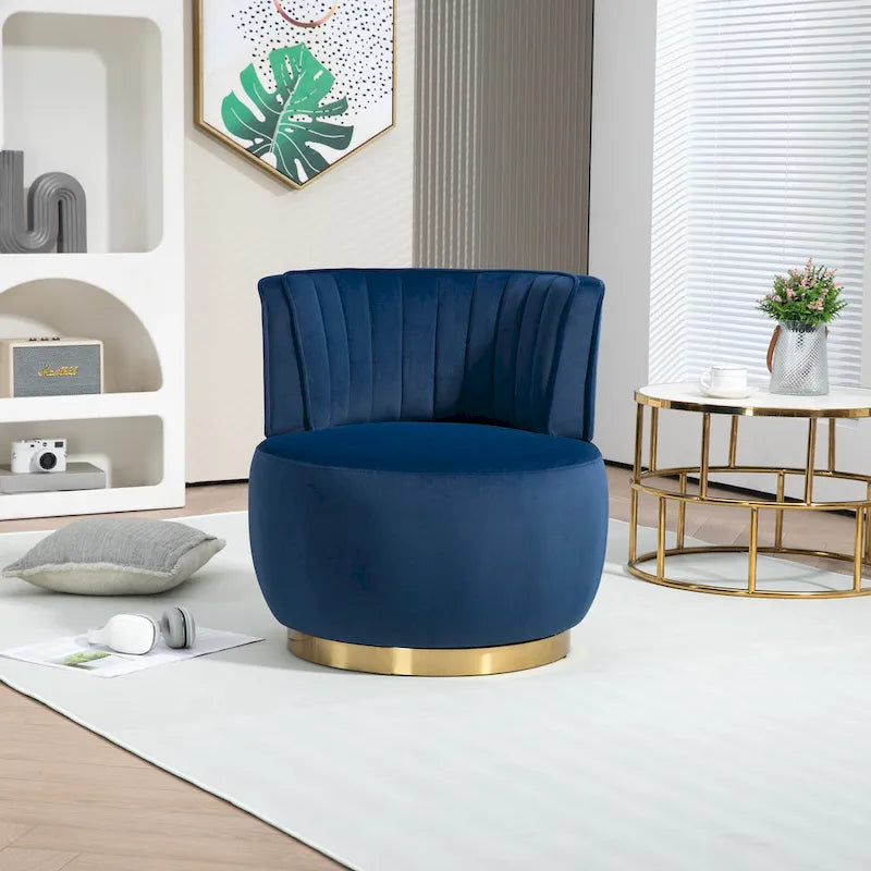 Fauteuil pivotant rond rembourré avec base dorée à rotation à 360 degrés