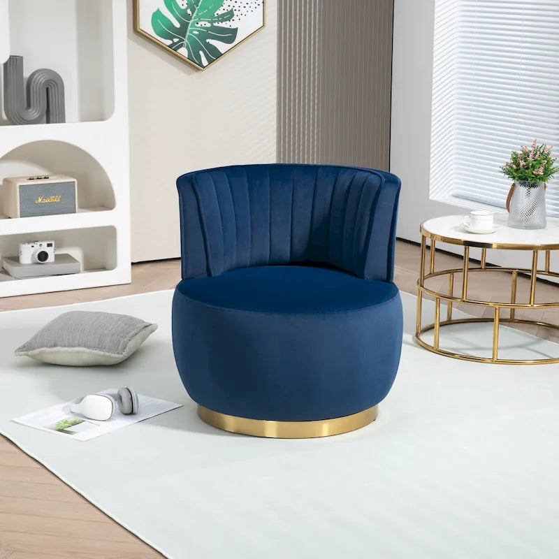 Fauteuil pivotant rond rembourré avec base dorée à rotation à 360 degrés