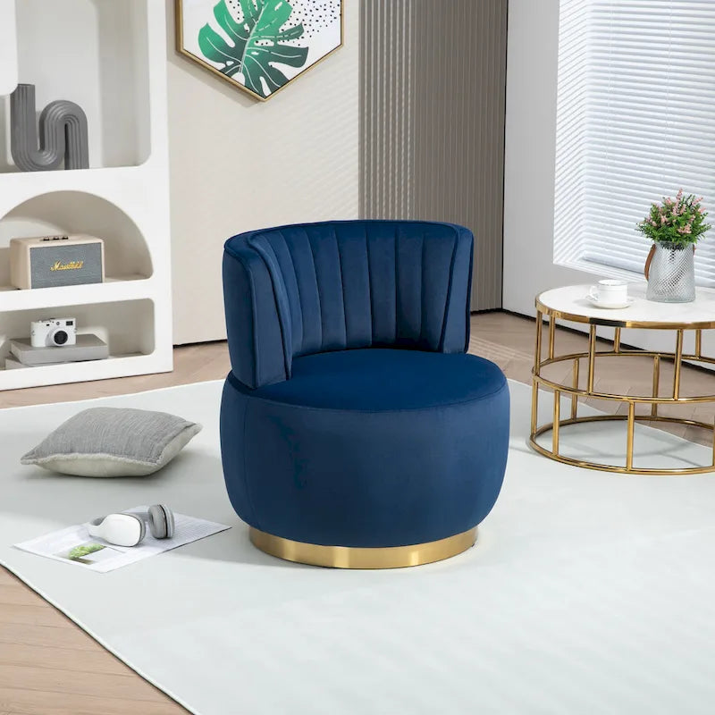 Fauteuil pivotant rond rembourré avec base dorée à rotation à 360 degrés