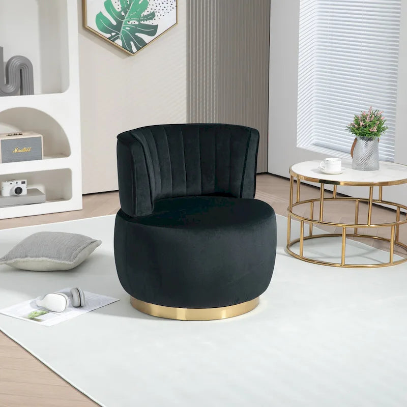 Fauteuil pivotant rond rembourré avec base dorée à rotation à 360 degrés
