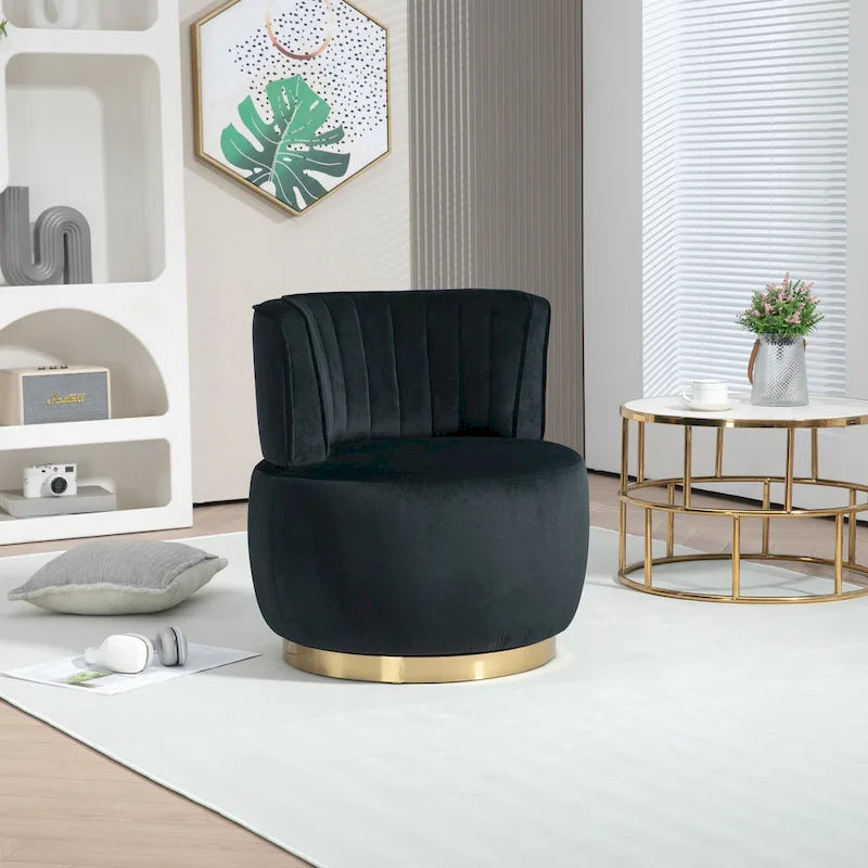 Fauteuil pivotant rond rembourré avec base dorée à rotation à 360 degrés