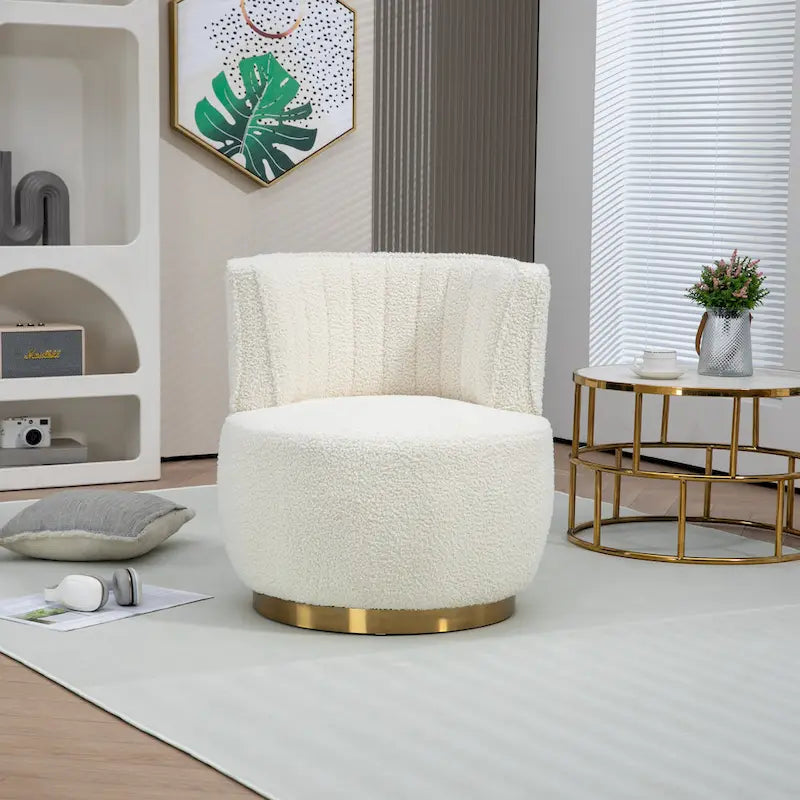 Fauteuil pivotant rond rembourré avec base dorée à rotation à 360 degrés